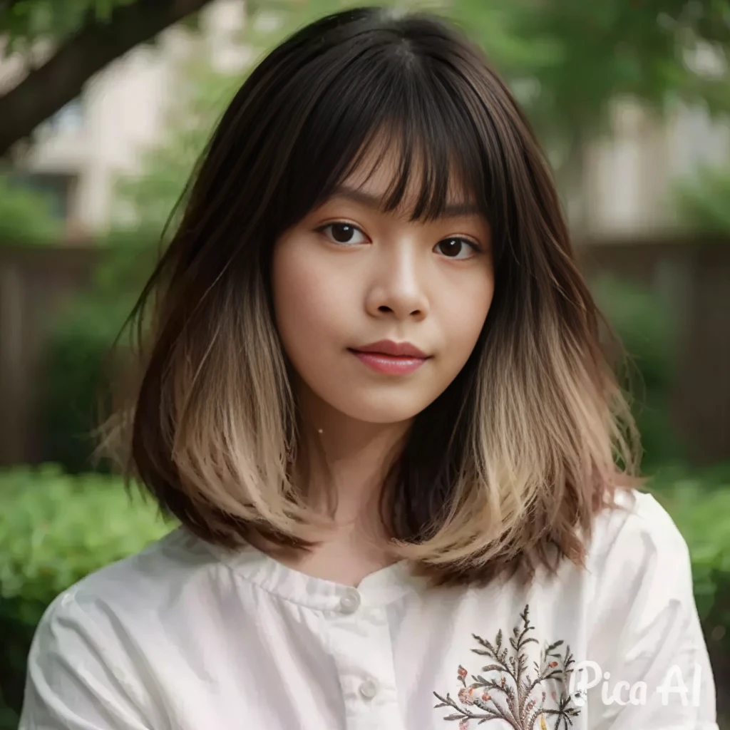 A photorealistic portrait of a 20-year-old asian girl with fringe wolf cut hair two-tone color like a billie eilish. wearing shirt white embroidery, She should natural expression. The background should be a garden tree. Capture this image with a high-resolution photograph using an 85mm lens for a flattering perspective.
