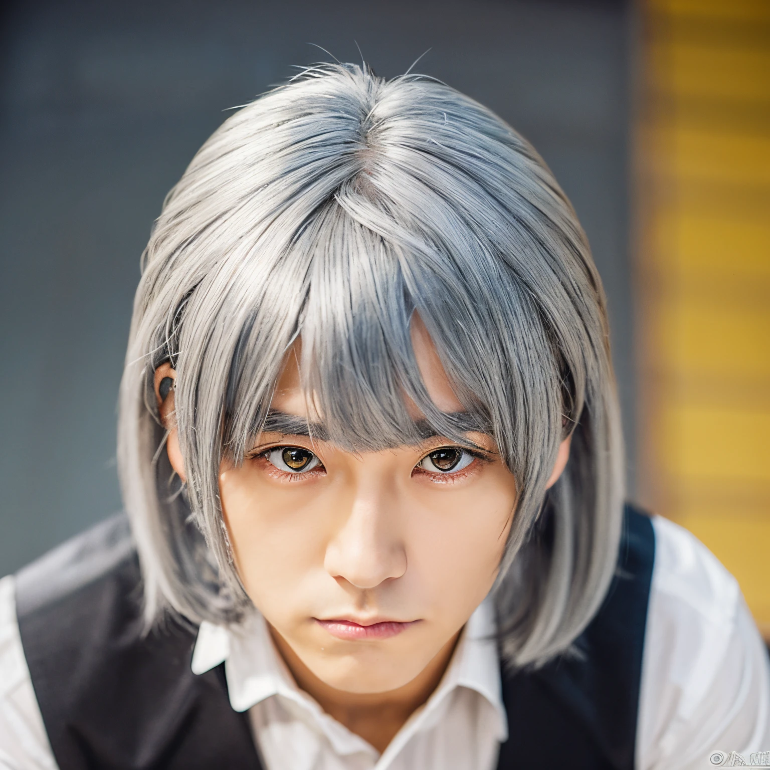 He has silver gray hair tied at the bottom of his hair.He has cat eyes.He is a tsundere.He has M-shaped bangs.He is arrogant.He is shy.Eye color is yellow.