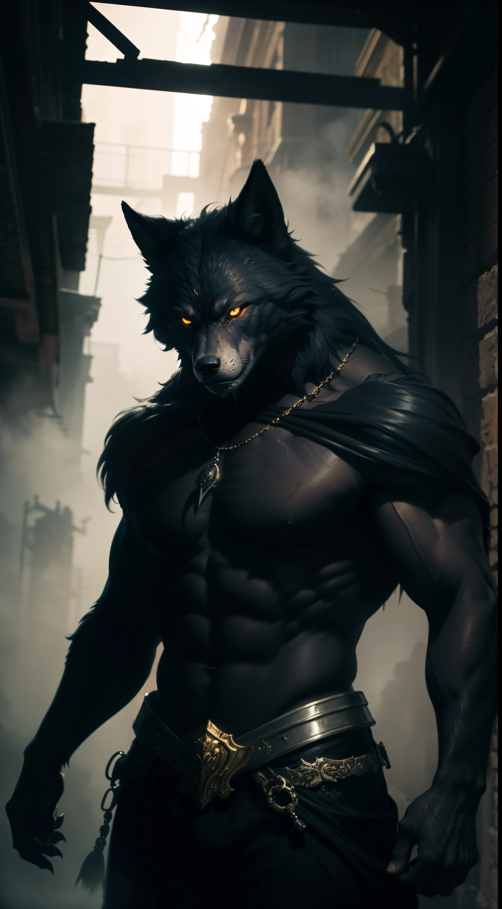 A stunning cinematic oil painting (1.1) depicting a regal werewolf guardian (0.8) emerging from a misty dark ink splash, surrounded by silver and golden paint splashes. The dynamic lighting adds a sense of mystery and power to the scene. Rendered in high resolution (8k) with intricate details and a clear silver finish.