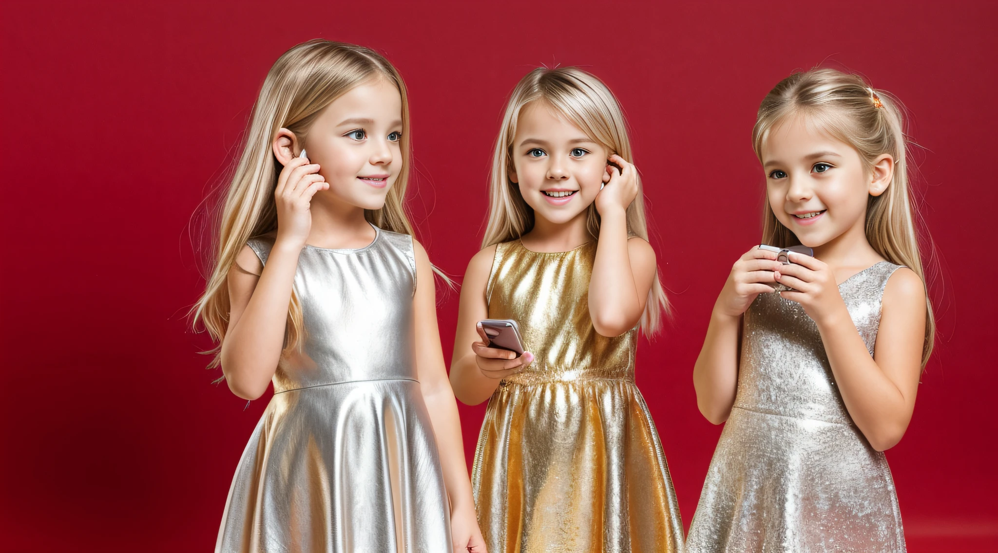 BLONDE gold GIRL infantil com vestido prateado, falando no celular com fundo vermelho, Vestido prateado.