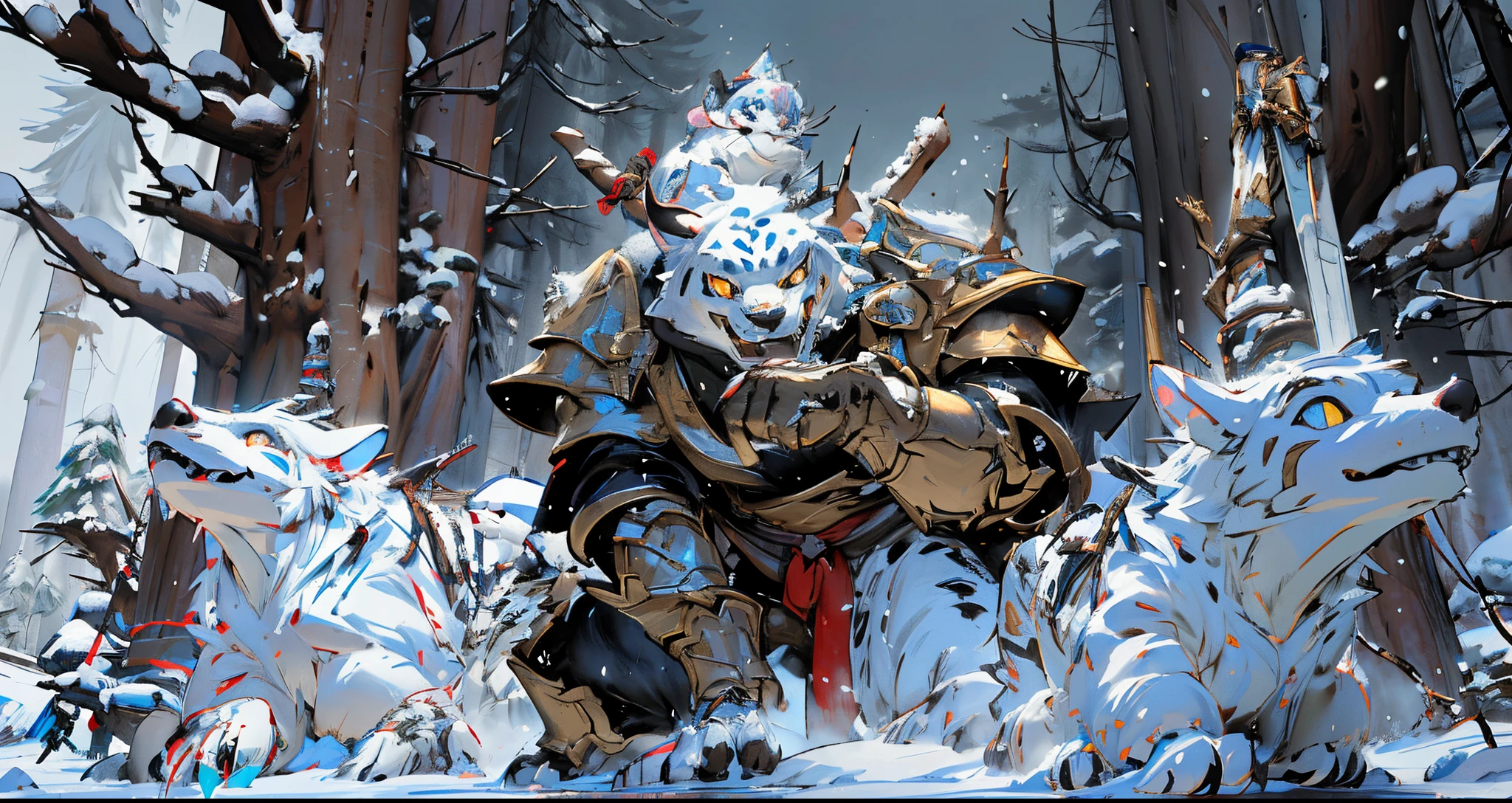 01_(Epic character).(One in the frame). (Huge block of snow). (Big - scary snowman). Horizontal composition, with some offset from the center-wide format. (A large body of snow, an awkward mass of snow, composed of three rounded snow blocks). (Living creature, in a fighting pose, decisive nature, threateningly scary). (Snowman, a fantastic fantasy image, a creature created from snow, created for battles, attacks and intimidation). (In thick snowy paws, he holds an ax, on a long handle, made of , a very powerful weapon, large - at full height). (The body of the monster consists of three blocks - a typical design of a snowman, strength and power live in it, it ready to attack). (The body covered with imitation armor, old car bumpers, headlights, license plates, hung on a snow uniform - symbolize armor, metal armor). (A frightening muzzle, in an animation style, with a cheerful grin, a snowy mouth gaping in a smile, an icicle, crazy eyes glowing with blue light, a black felt hat on the head, decorated with trinkets and amulets). (This an epic character in animated style, animated film).
02_The composition located in a horizontal frame, in the hand a powerful ax. Eliminate symmetry, the main mass of the hero not placed clearly in the center - with a slight offset, Mood, fairy tale, magic, absurdity, fighting stance, and powerful snow form.
03_ Cold range of lighting, evening, snow storm, elements, gusty wind, slanting snow whirlwinds, patterns on the background, dark blue, snowy background. Contrasting, clear lighting, warm magical light, clear cold shadows, contrasting image. , snow, snow decor, intricate patterns, and ornaments on the body. The highest image quality, a masterpiece, computer graphics. Cinematic level of performance, animated film. HD quality, wide format, 8K. , Unreal engine.