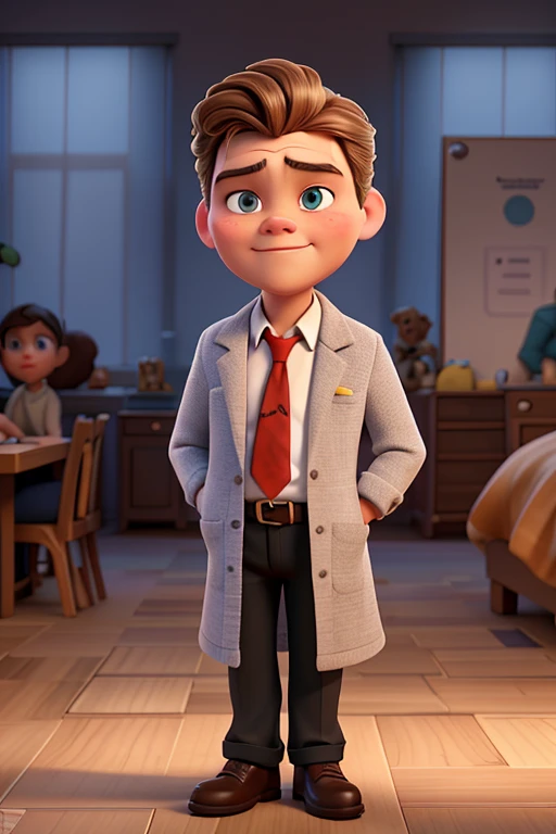 Gere uma imagem de Leonardo DiCaprio em "O Lobo de Wall Street" inspirada nos estilos visuais dos filmes "UP!" e "Ratatouille" da Pixar. In this representation, DiCaprio wears only a black suit and red tie that adds a touch of elegance to his figure.

Leonardo DIcaprio is smiling with an open smile, exibindo os dentes de maneira natural e confiante, in line with Pixar&#39;s expressive aesthetic. His brown eyes are large and expressive, capturing the actor&#39;s characteristic intensity and charisma. Make sure he is looking directly at the camera, conveying the confidence and striking presence that are characteristic of DiCaprio, with a well-built body and head proportionate to the body.

The lighting in the scene highlights DiCaprio&#39;s facial features in a friendly manner., com uma luz frontal suave que enfatiza seu rosto. Adicionalmente, uma luz azulada vinda de lado adiciona um toque sutil de cor, inspirado na atmosfera visualmente atraente dos filmes da Pixar.

The scenery is composed of a plain gray background., evoking the cinematic and elegant aesthetic present in Pixar films. This composition aims to capture the unique and expressive essence of the characters in these animations., while celebrating the charismatic presence of Leonardo DiCaprio