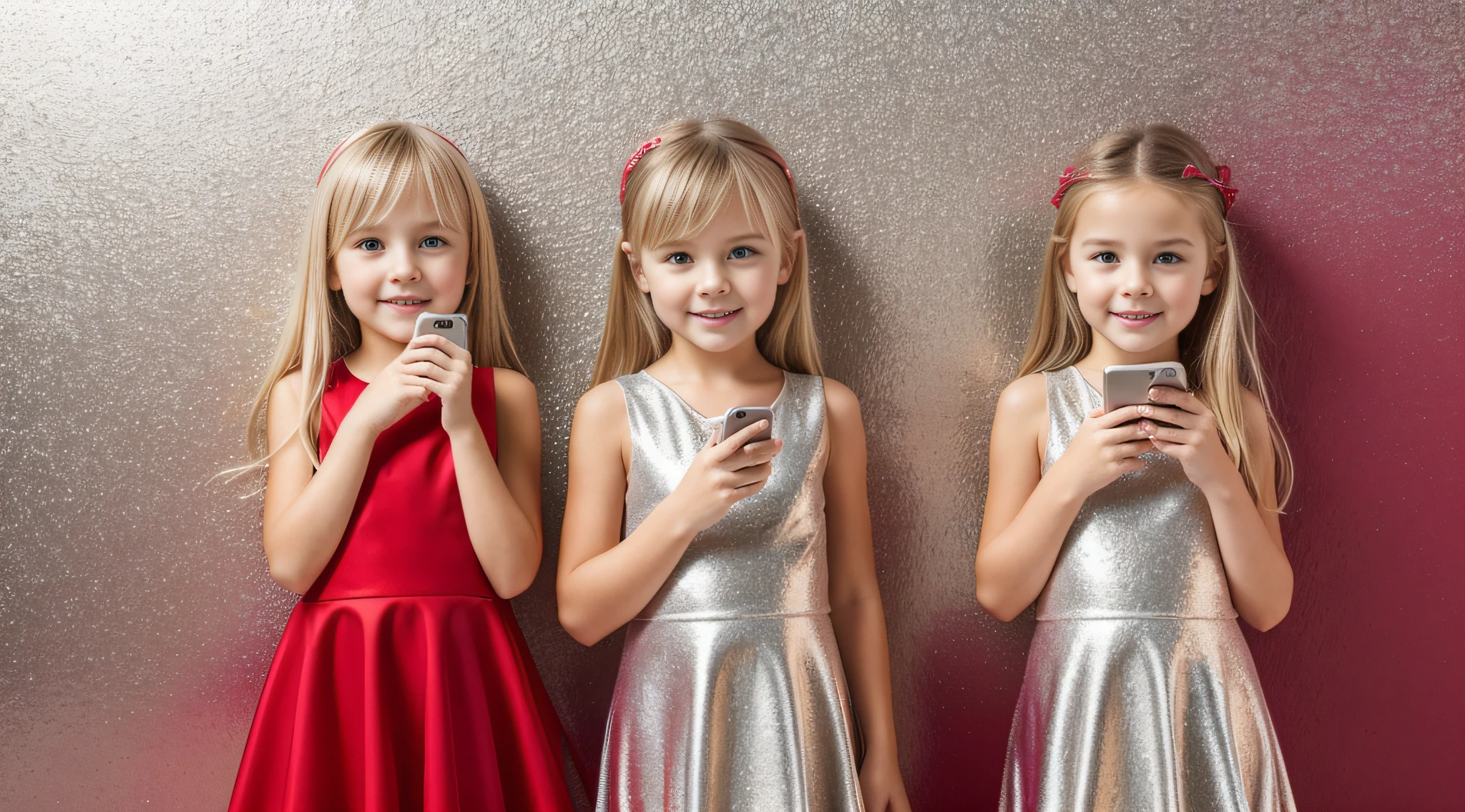 BLONDE gold GIRL infantil com vestido prateado, falando no celular com fundo vermelho, Vestido prateado.