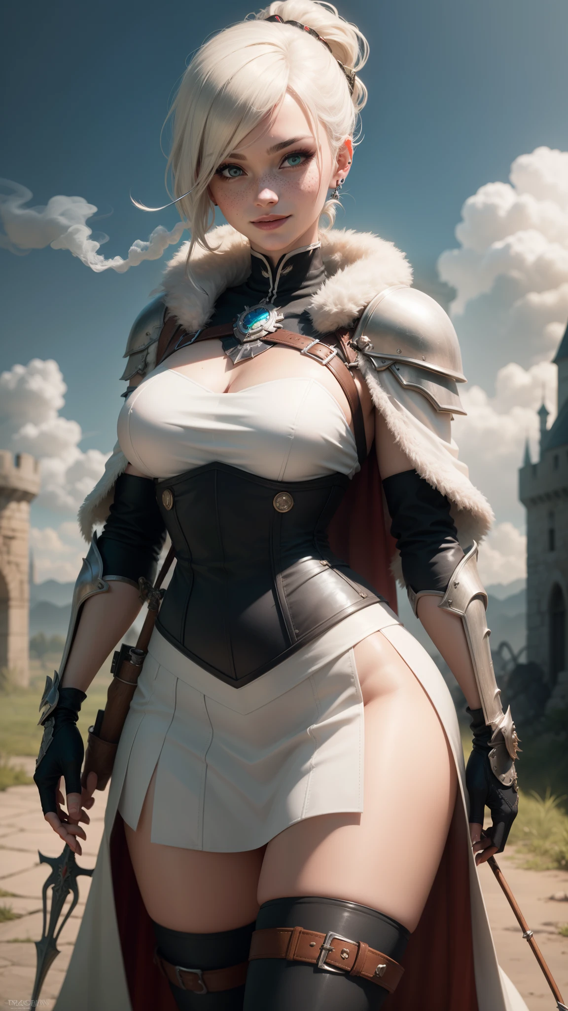 gwen tennyson,yorha 2b,tracer,rebecca chambers,overwatch,atelier ryza,close up,castle under siege,tattoos,orange and white plugsuit,steel short sleeve viking top,leather short sleeve knight armor,steel tight skirt,white knight corset,long ponytail hair,queen makeup,green eyes,multicolored silver hair,sexy smile,freckles,beautiful girl,fur thigh high boots,large breasts,8k,ultra detailed,realistic,fantasy art,knight uniform,knight queen uniform,hair pin,ear piercings,battlefield,queen hand and neck jewelry,(weather:smoke rising),1girl,long knight cloak,holding a bow and arrow, arrow quiver,
