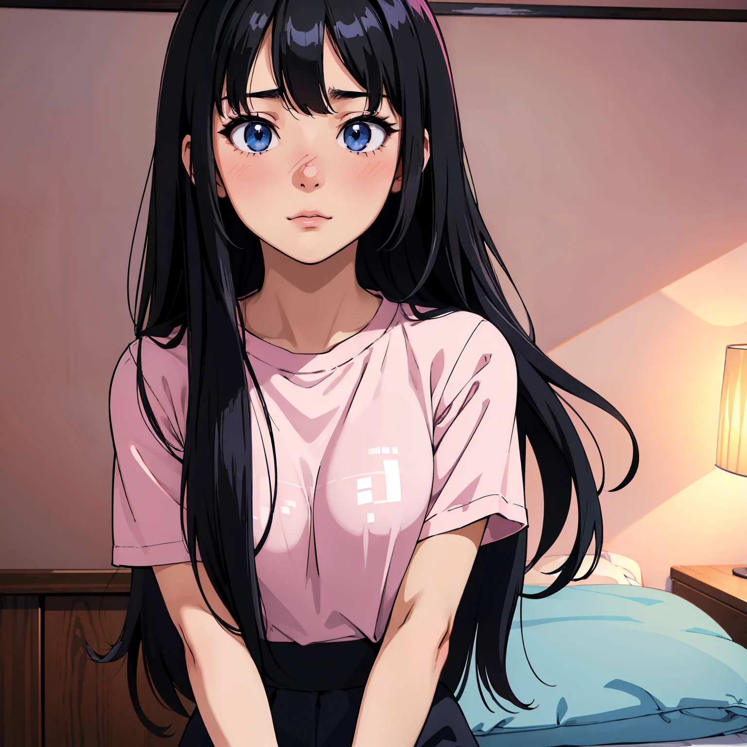 (Best Quality, highres, Sharp anime eyes), detailed_background,bedroom,black hair, closeup, straight long hair,pixelated,blush,luca (kuruton486),highres,1girl,letterboxed,solo,kuruton486,pink casual t-shirt,blue eyes,shirt,parted cute bangs, blush