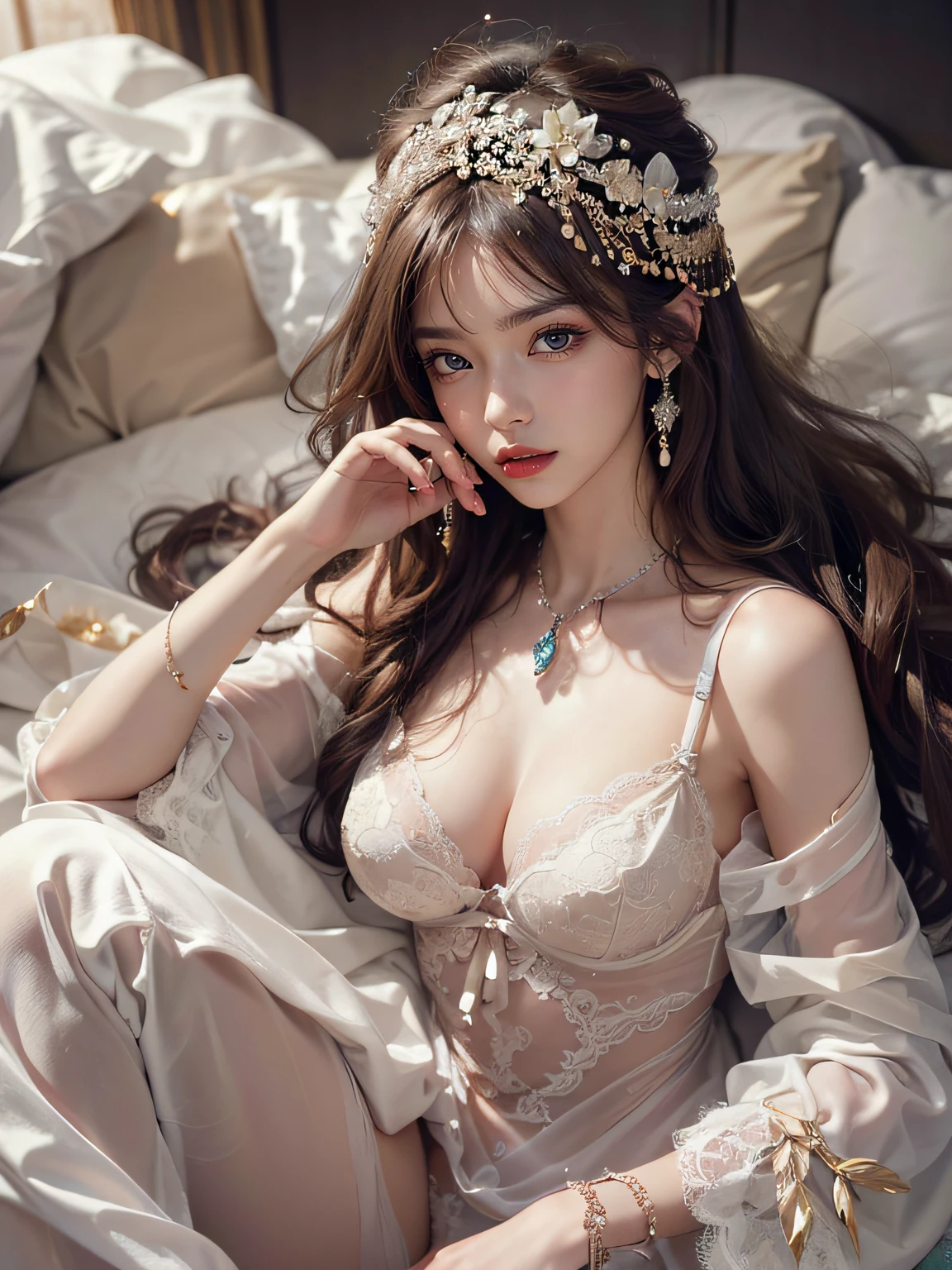 (Featured on the cover of a fashion magazine、Top quality color photo of a mysterious beautiful woman wearing luxury lingerie, haute couture fashion shoot:1.2),(extremely delicate and beautiful work:1.2), Elegant Pose, glamorous fashion pose, (Sacred Light) Simple background, Art Nouveau, focus on art nouveau suit, Luxury Fashion,(she is the embodiment of beauty and charm, Asian Beauty, Asian actress), (very delicate lace lingerie, sexy lingerie, elegant and sophisticated fashion, her flowing hair falls gracefully, Perfectly complement with classy and elegant makeup:1.2), Black hair, Detailed face, Looking at Viewer, Detailed eyes, Black eyes, Lustrous lips ,cleavage, (Large breasts, Nipple ,Camel toe:1.1), slender physique, Beautiful figure, Perfect female body, (Large breasts), gentle and mysterious expression, High color saturation, surrealism , (Best Quality, masutepiece, ultra-detailliert, 超A high resolution, Photorealistic, Raw photo, absurderes, absolutely resolution:1.4),