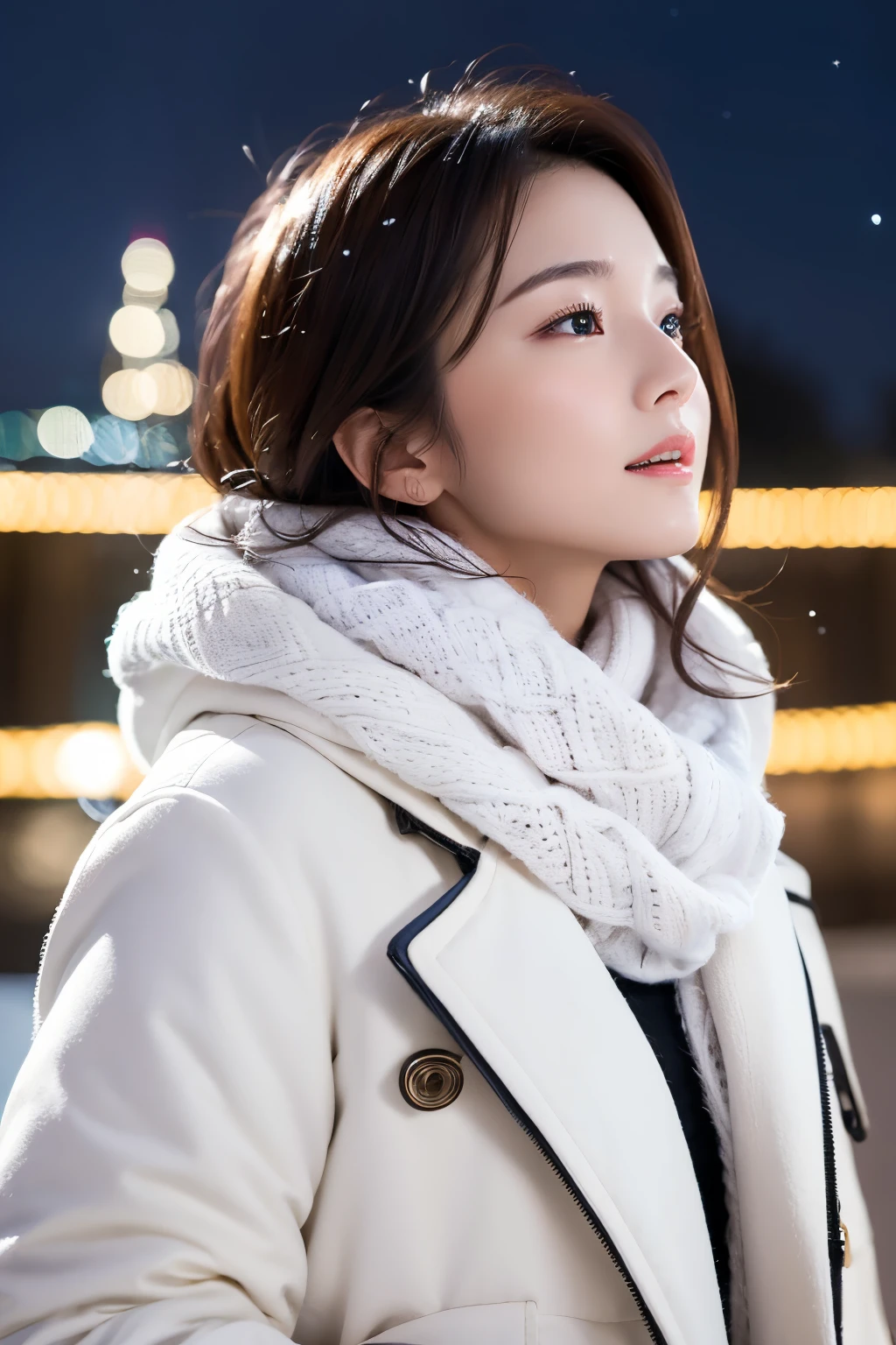 (top-quality、8K、32K、masterpiece,)Beautuful Women、nightcity、Big Christmas Tree、Looking up at the sky、profile,White coat、white wool scarf、It's snowing、Delicat eyes、Blurred background