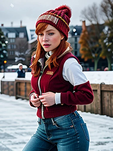 Hyper realistic 23 year old ((redhead)) girl of Irish descent of Irish descent (textured skin, freckles:0.2, moles:0.2) entire body in frame full body shot long shot (wide shot) motion blur action shot dynamic motion skating figure skating winter snowing wool hat winterjacket vest with fur slimfit jeans for instagram Sexy and stylish Snapchat influencer f6.ony Alpha a7 III cold light sunny