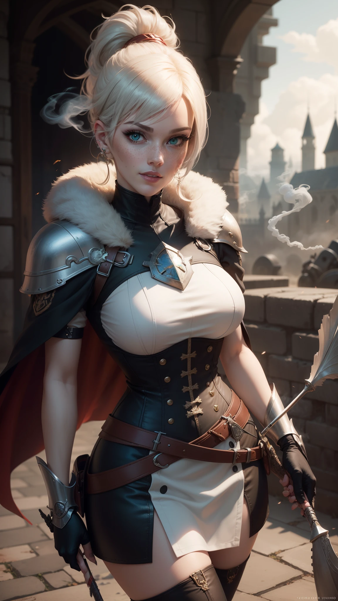 gwen tennyson,yorha 2b,tracer,mordred, rebecca chambers,overwatch,atelier ryza,close up,castle under siege,tattoos, jade and silver plugsuit,steel short sleeve knight top,short sleeve knight jacket,tight lycra mini skirt,silver knight corset,ponytail hair,queen makeup,green eyes,multicolored silver hair,sexy smile,freckles,beautiful girl,fur thigh high boots,large breasts,8k,ultra detailed,realistic,fantasy art,knight uniform,knight queen uniform,hair pin,ear piercings,battlefield,jade hand and neck jewelry,(weather:smoke rising), 1girl,long knight coat,holding a spear,