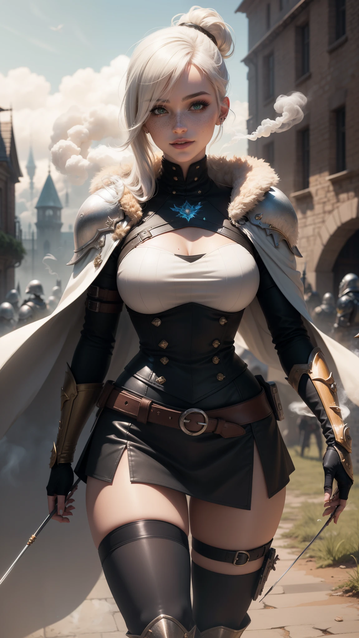 gwen tennyson,yorha 2b,tracer,y'shtola rhul,solo girl,overwatch,atelier ryza,close up,valley view,tattoos,royal gray and white plugsuit,white short sleeve knight top,full plate steel knight armor top,long knight skirt,snowflake embroidery knight corset,long curly hair,princess makeup,green eyes,multicolored silver hair,long dress train,sexy smile,freckles,beautiful girl,knight thigh high boots,large breasts,8k,ultra detailed,realistic,fantasy art,silver knight uniform,wedding gown dress,ear piercings,crystal ice hand and neck jewelry,(weather:windy),long royal rose knight coat,magic castle,silver hair pin, petals flying,blossom petals flying,