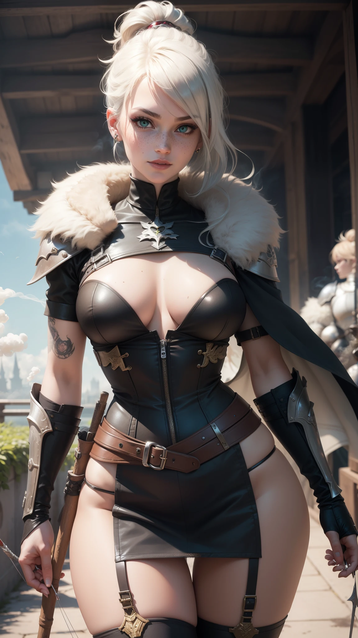 gwen tennyson,yorha 2b,tracer,rebecca chambers,overwatch,atelier ryza,close up,castle under siege,tattoos,orange and white plugsuit,steel short sleeve viking top,leather short sleeve knight armor,steel tight skirt,knight corset,long ponytail hair,queen makeup,green eyes,multicolored silver hair,sexy smile,freckles,beautiful girl,fur thigh high boots,large breasts,8k,ultra detailed,realistic,fantasy art,knight uniform,knight queen uniform,hair pin,ear piercings,battlefield,queen hand and neck jewelry,(weather:smoke rising),1girl,long knight cloak,holding a bow and arrow,arrow quiver,