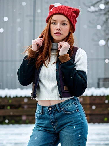 Hyper realistic 23 year old ((redhead)) girl of Irish descent of Irish descent (textured skin, freckles:0.2, moles:0.2) entire body in frame full body shot long shot (wide shot) motion blur action shot dynamic motion skating figure skating winter snowing wool hat winterjacket vest with fur slimfit jeans for instagram Sexy and stylish Snapchat influencer f6.3 Sony Alpha a7 III cold light sunny