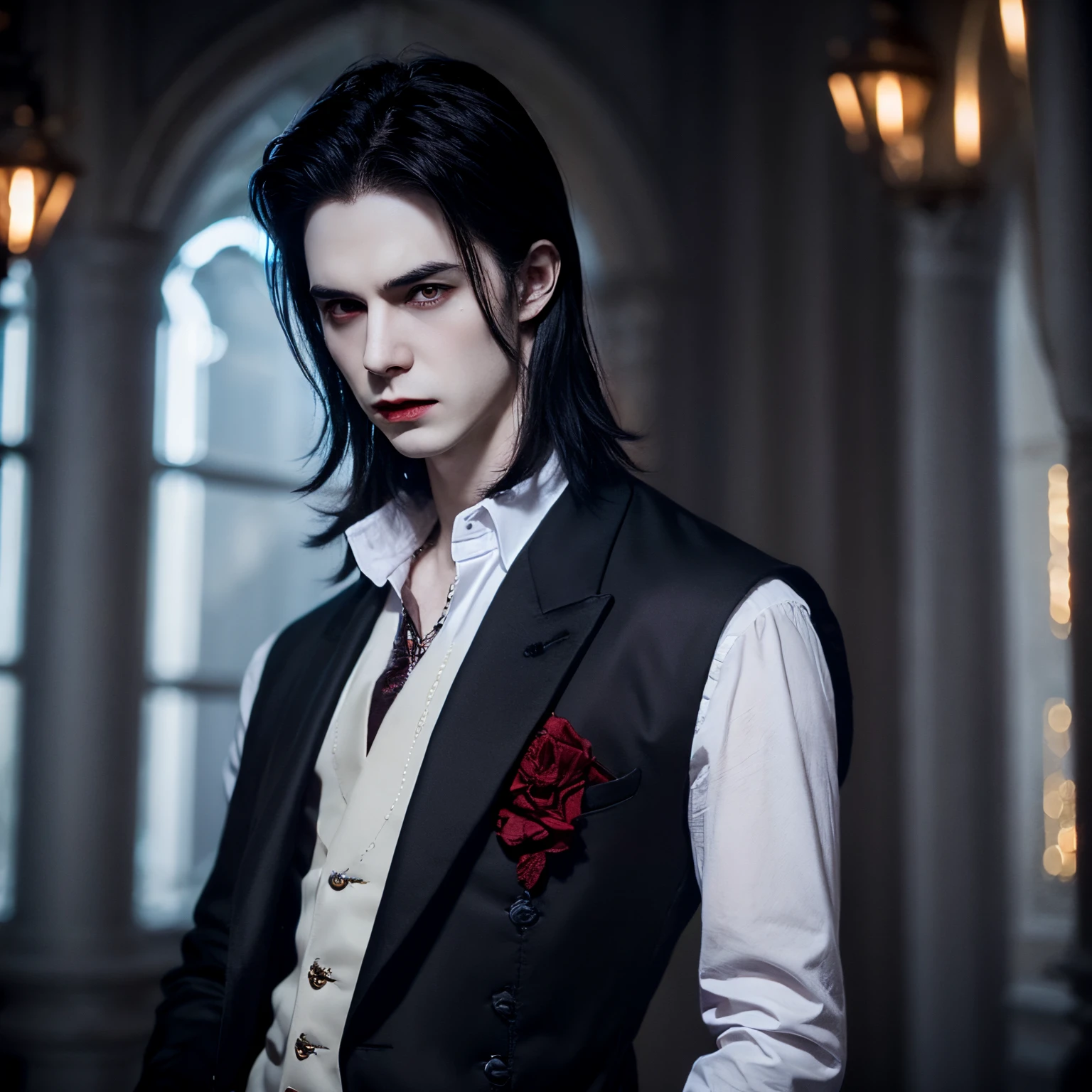 Handsome young pale dark haired vampire male