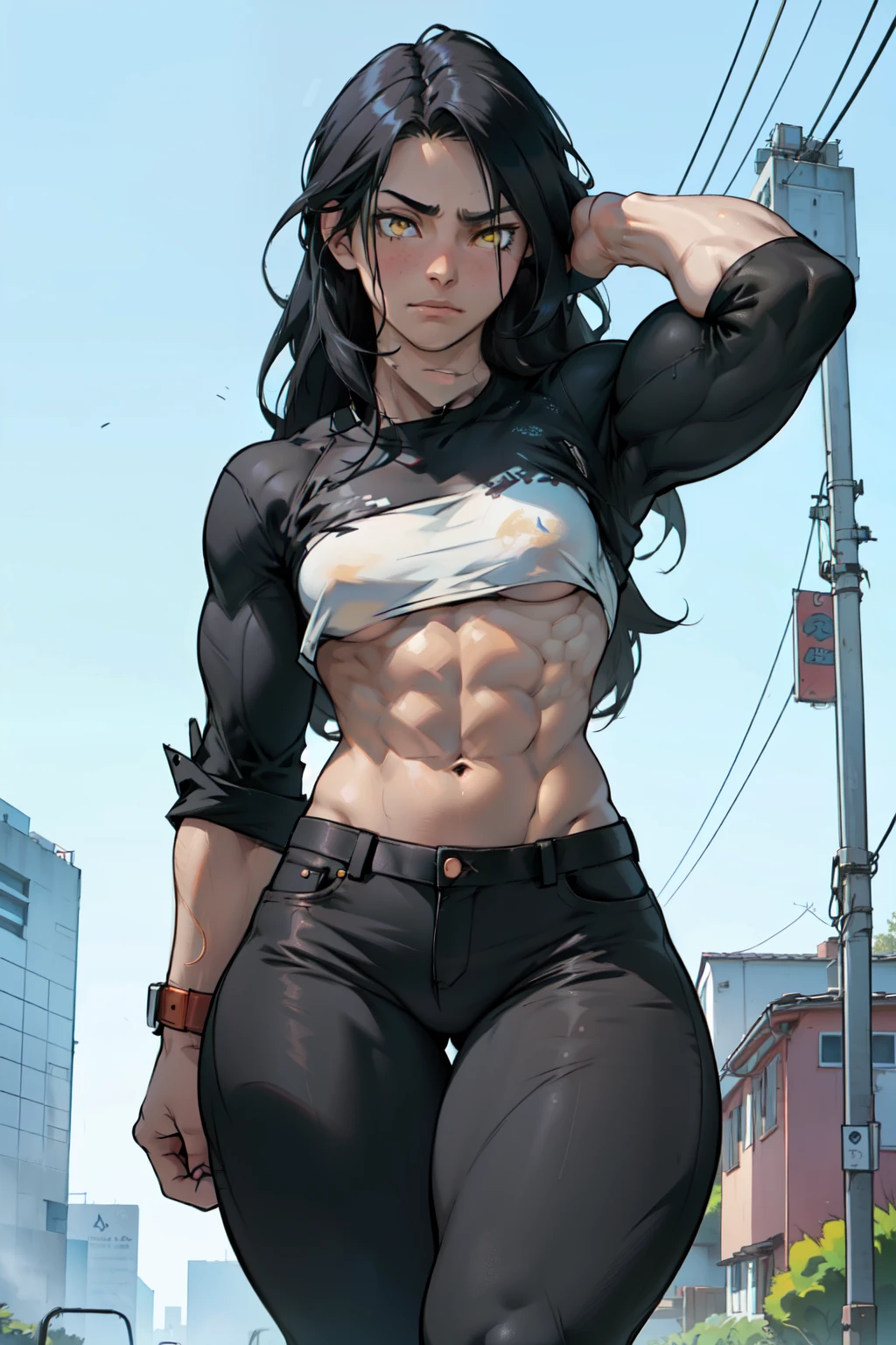 (((((muscular 1girl))))) ((((thick thighs toned body small breasts)))) (pale skin) black hair yellow eyes very long hair tight shirt tight pants sad sad sad