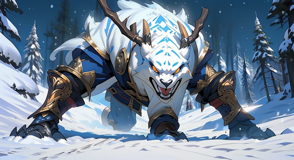 01_(Epic character).(One in the frame). (Huge block of snow). (Big - scary snowman). Horizontal composition, with some offset from the center-wide format. (A large body of snow, an awkward mass of snow, composed of three rounded snow blocks). (Living creature, in a fighting pose, decisive nature, threateningly scary). (Snowman, a fantastic fantasy image, a creature created from snow, created for battles, attacks and intimidation). (In thick snowy paws, he holds an  ax, on a long handle, made of , a very powerful weapon, large - at full height). (The  body of the monster consists of three  blocks - a typical design of a snowman, strength and power live in it, it  ready to attack). (The body  covered with imitation armor, old car bumpers, headlights, license plates, hung on a snow uniform - symbolize armor, metal armor). (A frightening muzzle, in an animation style, with a cheerful grin, a snowy mouth gaping in a smile, an icicle, crazy eyes glowing with blue light, a black felt hat on the head, decorated with trinkets and amulets). (This  an epic character in animated style, animated film).
02_The composition  located in a horizontal frame, in the hand  a powerful  ax. Eliminate symmetry, the main mass of the hero  not placed clearly in the center - with a slight offset, Mood, fairy tale, magic, absurdity, fighting stance, and powerful snow form.
03_ Cold range of lighting, evening, snow storm, elements, gusty wind, slanting snow whirlwinds,  patterns on the background, dark blue, snowy background. Contrasting, clear lighting, warm magical light, clear cold shadows, contrasting image. , snow, snow decor, intricate patterns, and  ornaments on the body. The highest image quality, a masterpiece, computer graphics. Cinematic level of performance, animated film. HD quality, wide format, 8K. , Unreal engine.