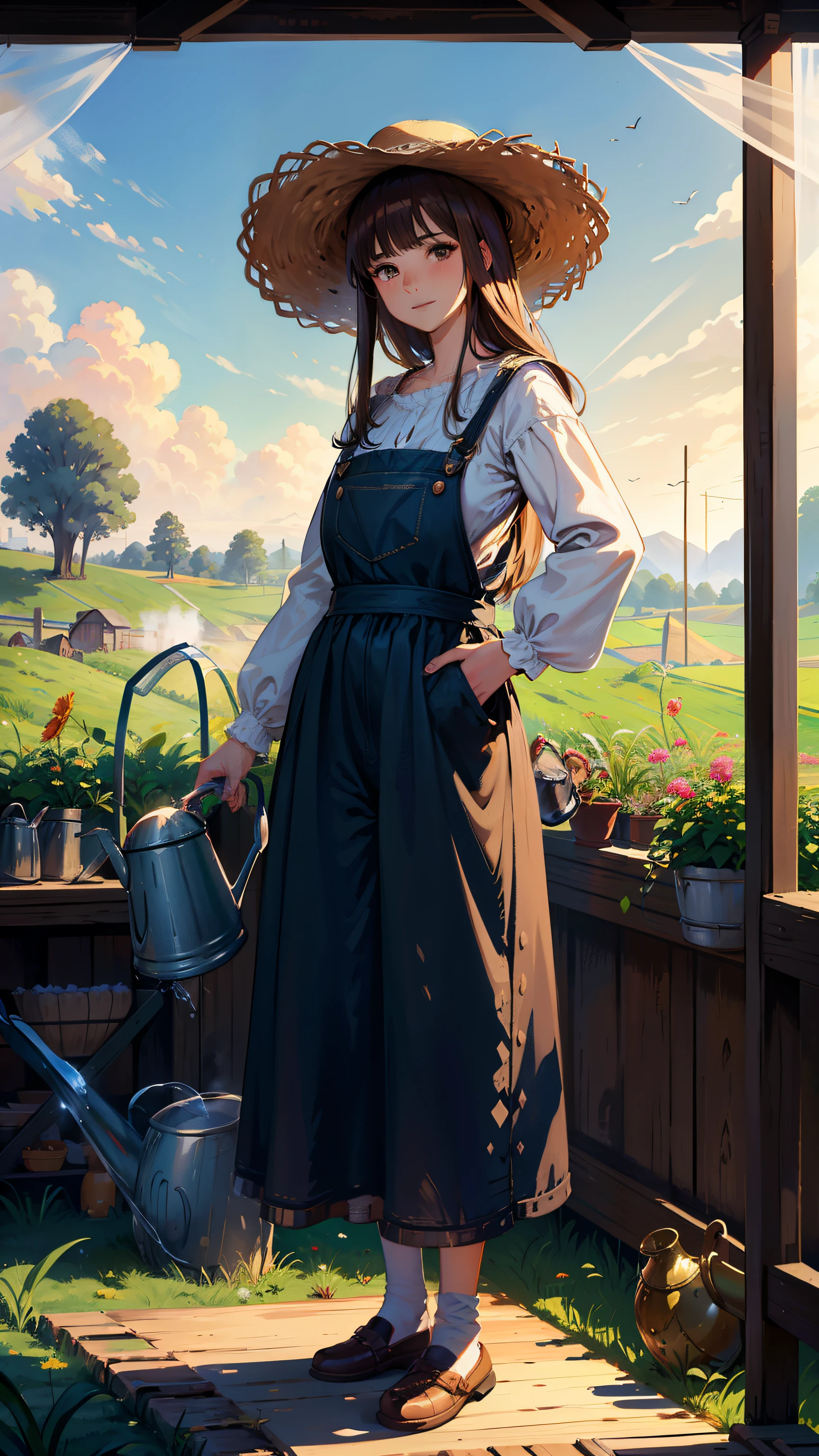 masutepiece, ultra-detailliert, 8K Portrait, Raw photo, portrait photo of a female, Full body, Highly detailed face, ((Fantasy)), Old Man, 22year old, (((farmer))), Laugh heartily, ((Facial wrinkles)), (((Standing))) Put your hands on your hips, (((a straw fedora hat))), (((black hair curtain bangs))), Long Sleeve Cotton Clothing, overalls, (((Have a watering can))), Midday Sun, Hyper realistic, Long legs,on a medieval farm, Ambient lighting, Shadow details, Camera focus on face, Light fog