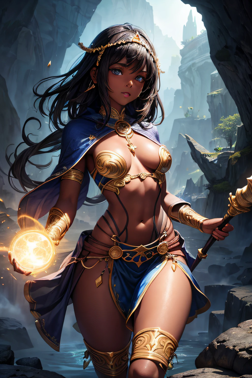 , african girl, black skin, earth mage, sorceress, earth goddess, mages dress, controling all rocks around her, floating rocks around her, wielding a magic staff, ancient cave in background, sexi, small breasts, , highly detailed, vibrant appearance, creative behavior, extremly detailed, imaginative, sensual, spontaneous, highest quality, skin texture, intricate details, (cinematic lighting), RAW photo, 8k, masterpiece,best quality,ultra-detailed,very detailed illustrations,extremely detailed,intricate details,highres,super complex details,extremely detailed 8k cg wallpaper,
