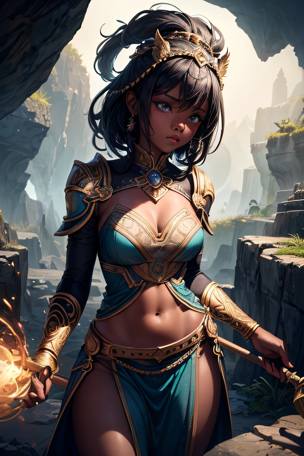 young teen girl, african girl, black skin, earth mage, sorceress, earth goddess, mages dress, controling all rocks around her, floating rocks around her, wielding a magic staff, ancient cave in background, sexi, small breasts, , highly detailed, vibrant appearance, creative behavior, extremly detailed, imaginative, sensual, spontaneous, highest quality, skin texture, intricate details, (cinematic lighting), RAW photo, 8k, masterpiece,best quality,ultra-detailed,very detailed illustrations,extremely detailed,intricate details,highres,super complex details,extremely detailed 8k cg wallpaper,