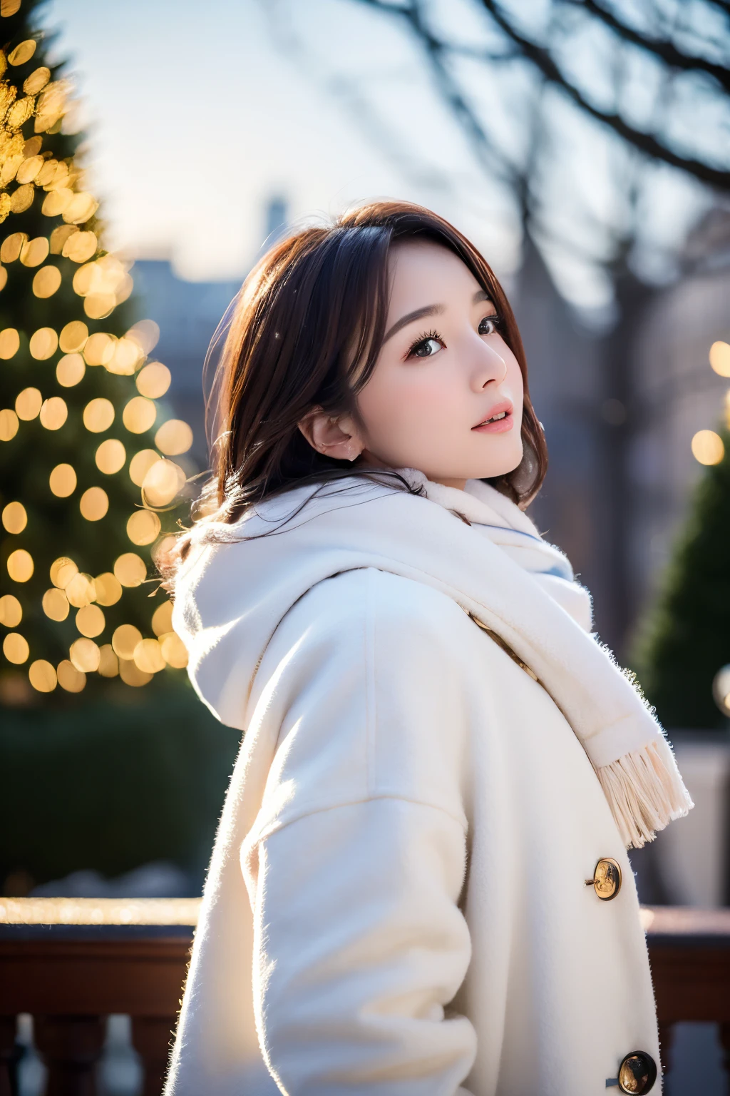 (top-quality、8K、32K、masterpiece,)Beautuful Women、nightcity、Big Christmas Tree、Looking up at the sky、profile,White coat、white wool scarf、It's snowing、Delicat eyes、Blurred background