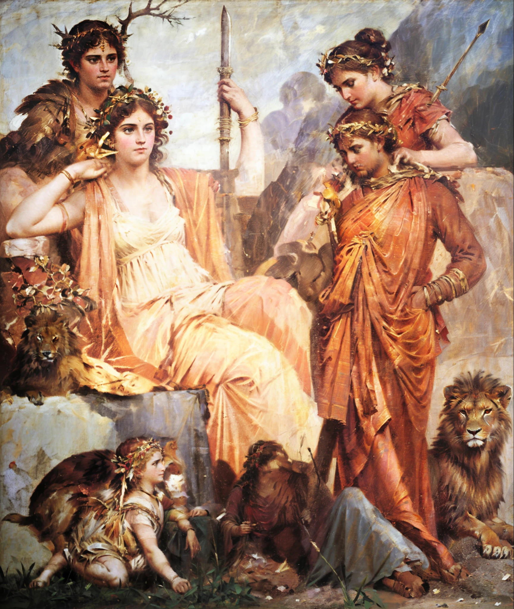 arafed painting of a group of people with a deer and a baby, a falcon, a lion, dionysus, ancient roman painting, neoclassic painting, ancient greek painting, neoclassical painting, neo-classical painting, the greek goddess aphrotite, found in the ruins of pompeii, the greek god of wine, also known as artemis the selene, classic roman mythology