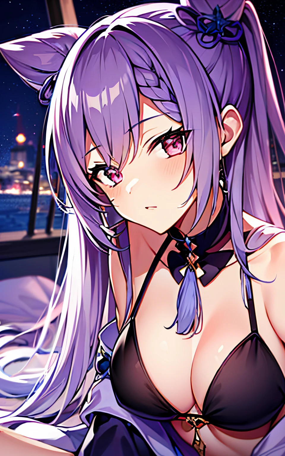 ((masterpiece:1.4, best quality)), purple hair, night,bedroom, laying on bed, 1girl, keqing \(genshin impact\), bikini,