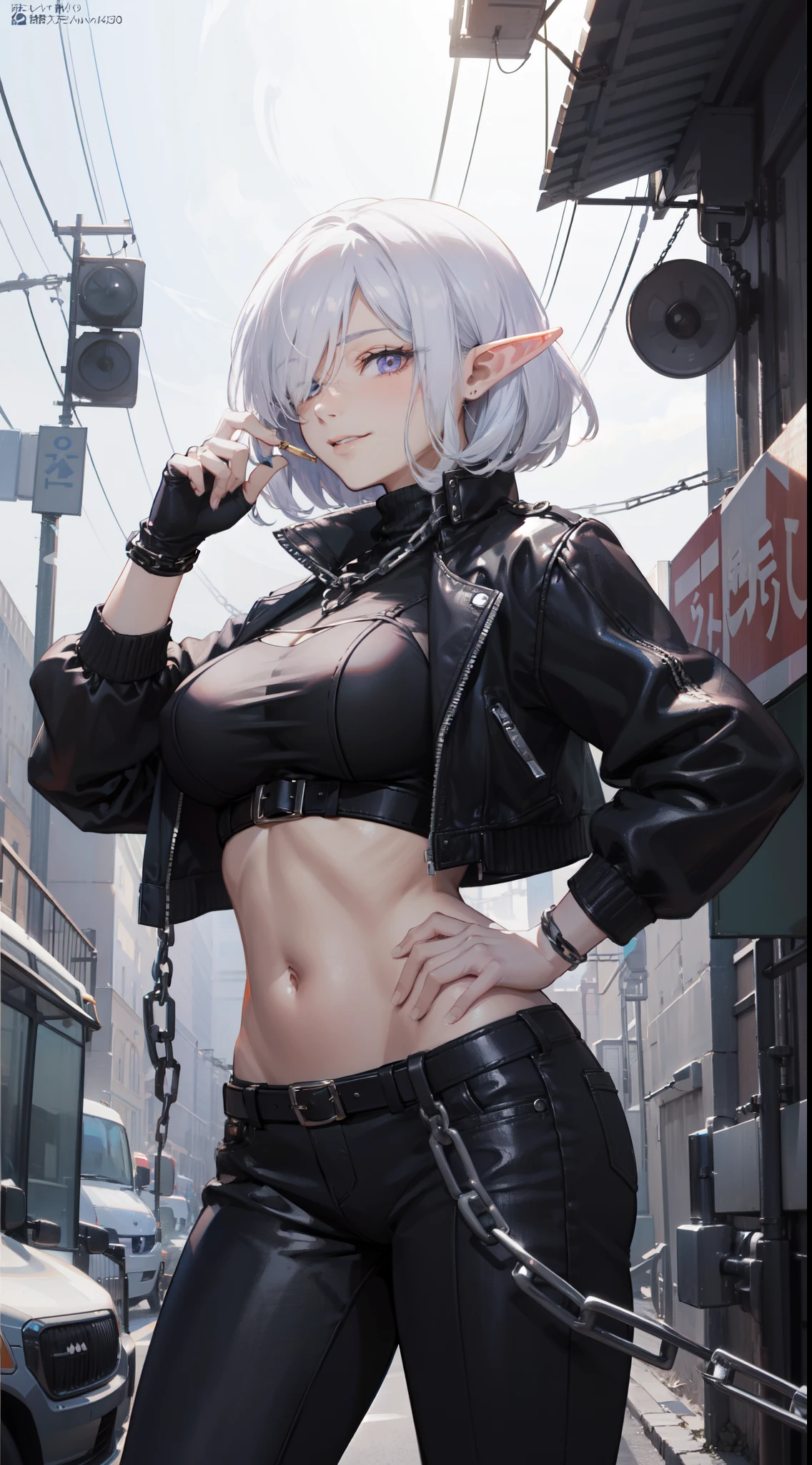 (masterpiece),(bestquality),highly detailed,ultra-detailed, chain mythology, (elf), 1girl, solo, big breast, cute girl, Bob cut hair, parted bangs, (hair over one eye), white hair, violet eyes, smirk, Black leather jacket with spikes, open belly, breeches, Chains on clothes, scar on face, cigarette, Smoke, hiquality, 4k, HD, Good detail, style of Artgerm, by Kawacy, By Yusuke Murata