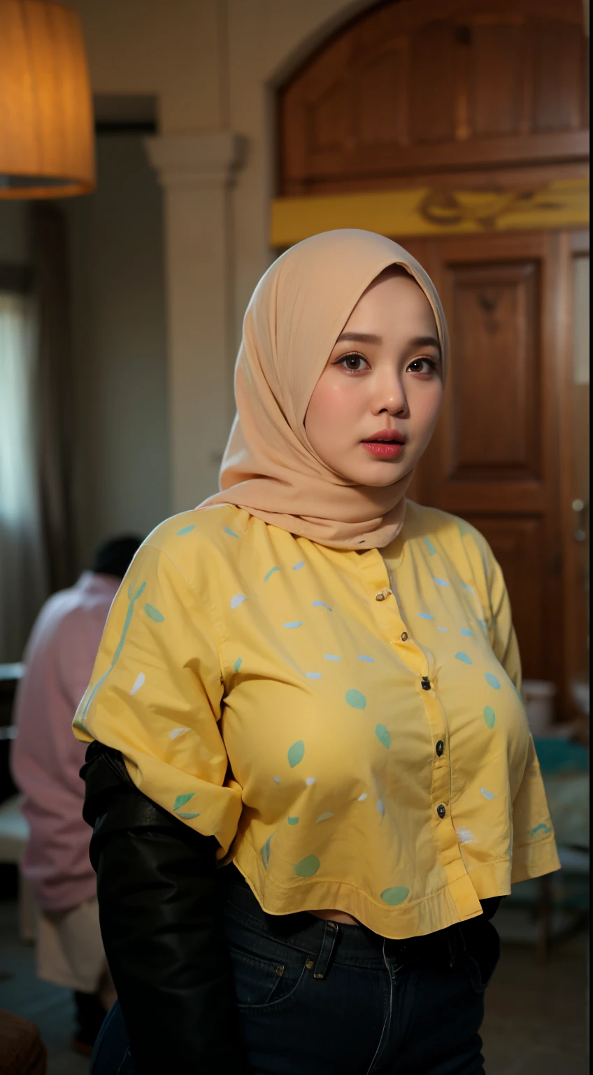 (((MALAY HIJAB GIRL))), (realistic, photo-realistic:1.4), (1girl), big breast, wearing light blue lace bra and panties, hand on hips, ((HEAVY NIPPLES)), (( TRANSPARENT )), ((TEARS)).