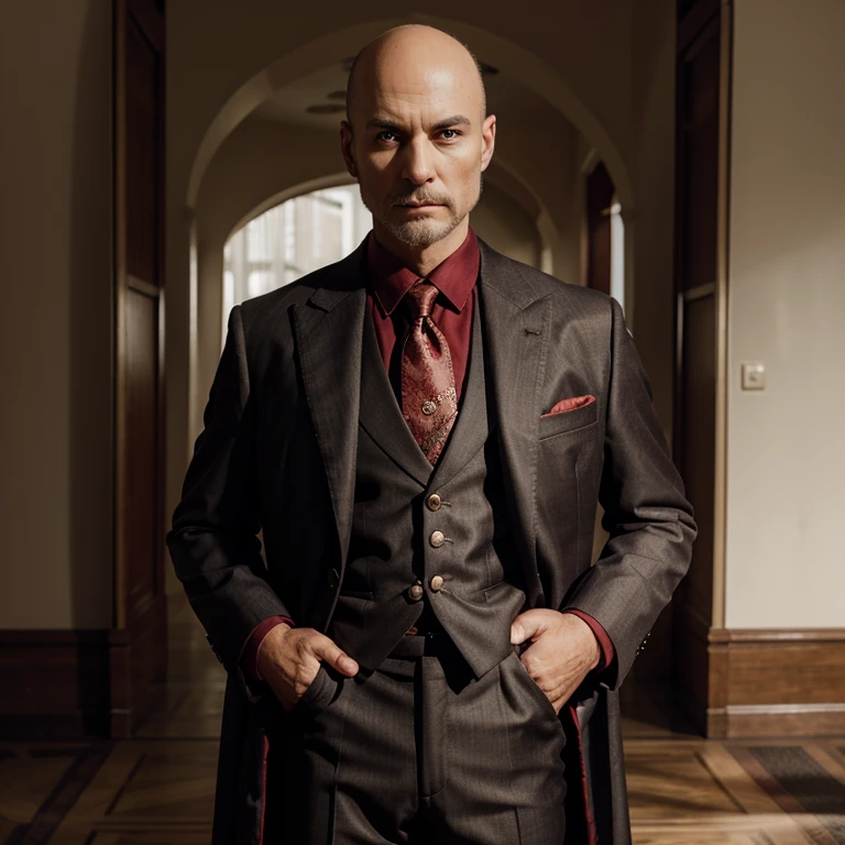 Bald middle aged mean dressed in very high detailed king suit