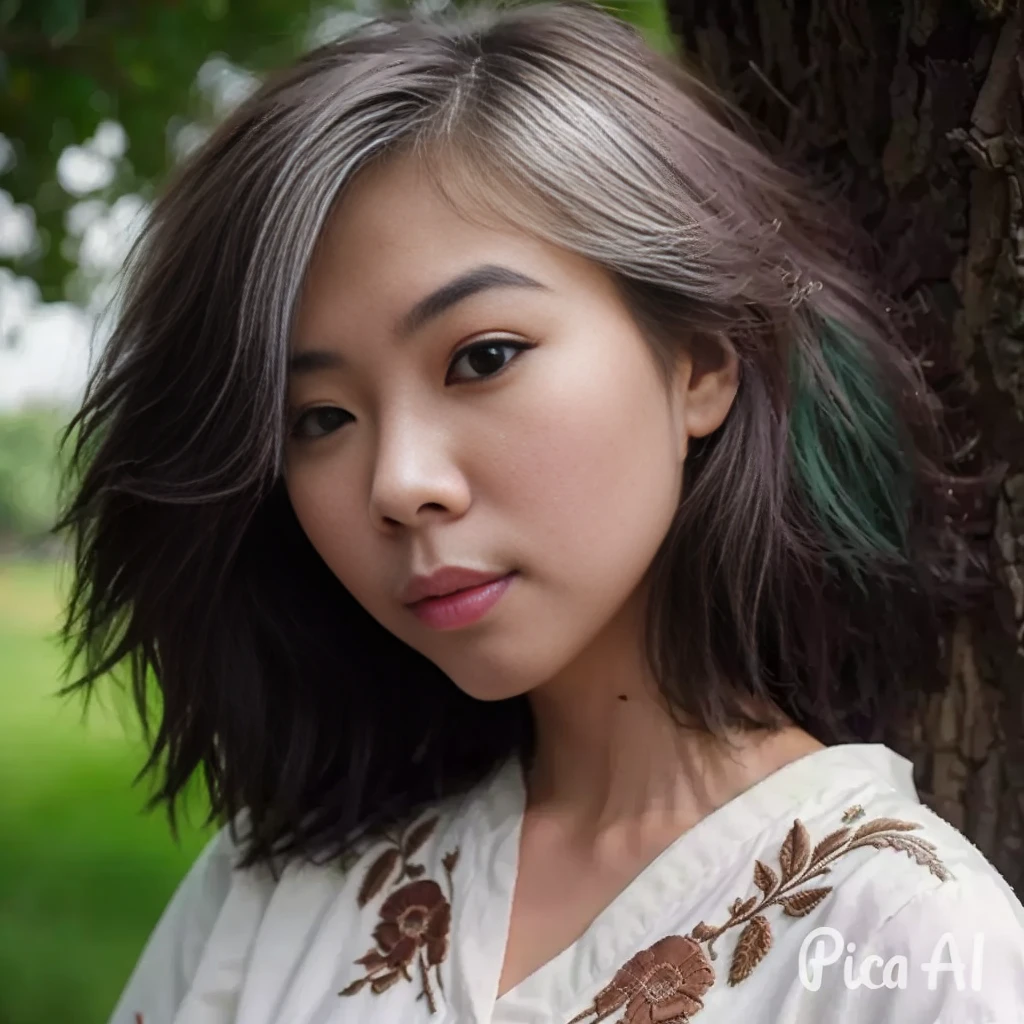 A photorealistic portrait of a 20-year-old asian girl with wolf cut hair two-tone color like a billie eilish. wearing shirt white embroidery, She should natural expression. The background should be a garden tree. Capture this image with a high-resolution photograph using an 85mm lens for a flattering perspective.