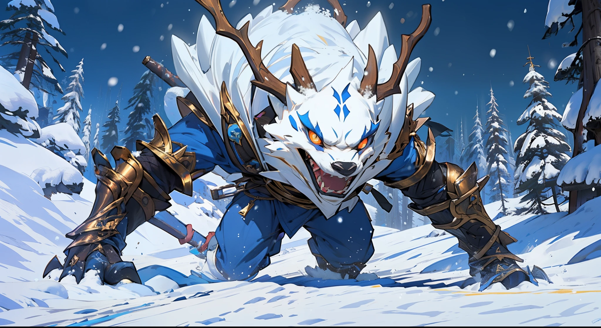 01_(Epic character).(One in the frame). (Huge block of snow). (Big - scary snowman). Horizontal composition, with some offset from the center-wide format. (A large body of snow, an awkward mass of snow, composed of three rounded snow blocks). (Living creature, in a fighting pose, decisive nature, threateningly scary). (Snowman, a fantastic fantasy image, a creature created from snow, created for battles, attacks and intimidation). (In thick snowy paws, he holds an ax, on a long handle, made of , a very powerful weapon, large - at full height). (The body of the monster consists of three blocks - a typical design of a snowman, strength and power live in it, it ready to attack). (The body covered with imitation armor, old car bumpers, headlights, license plates, hung on a snow uniform - symbolize armor, metal armor). (A frightening muzzle, in an animation style, with a cheerful grin, a snowy mouth gaping in a smile, an icicle, crazy eyes glowing with blue light, a black felt hat on the head, decorated with trinkets and amulets). (This an epic character in animated style, animated film).
02_The composition located in a horizontal frame, in the hand a powerful ax. Eliminate symmetry, the main mass of the hero not placed clearly in the center - with a slight offset, Mood, fairy tale, magic, absurdity, fighting stance, and powerful snow form.
03_ Cold range of lighting, evening, snow storm, elements, gusty wind, slanting snow whirlwinds, patterns on the background, dark blue, snowy background. Contrasting, clear lighting, warm magical light, clear cold shadows, contrasting image. , snow, snow decor, intricate patterns, and ornaments on the body. The highest image quality, a masterpiece, computer graphics. Cinematic level of performance, animated film. HD quality, wide format, 8K. , Unreal engine.