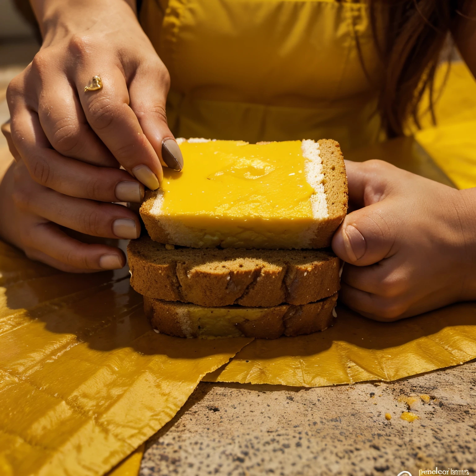crie um post nas amarelo queimado, com a seguinte frase na cor marrom no meio do post: Hands on. na lateral direita superior coloque um panela e na lateral direita inferior coloque um rolo de massa, on the other side, place mini breads spread across the post