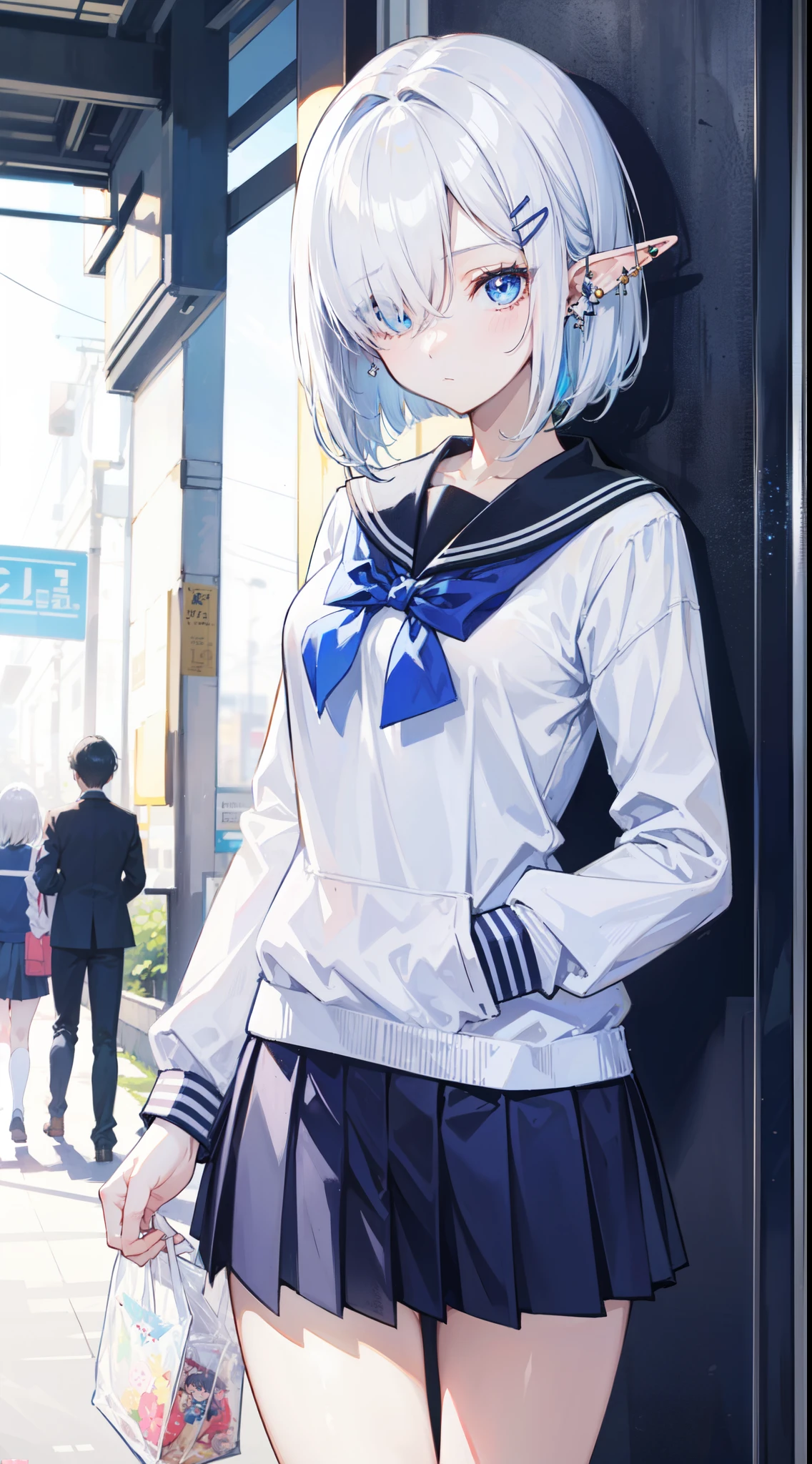God quality, anime moe artstyle, badass anime 8k,perfect anatomy, (Please draw a elf girl walking sleepily to school. ),break, elf, 1girl, a high school student, white hair, Bob cut hair, parted bangs,(hair over one eye), Full limbs, complete fingers, medium breasts, groin, finely detailed beautiful blue eyes, hairclip, school Uniform, Various accessories, (ear piercing), in the School commute route. break,ultra-detailed, high resolution,super detailed skin, professional lighting, 8k eye details, (cute illustration:1.2), (depth of field:1.2), (blurry background:1.2), art style by Artgerm, by nine_(liuyuhao1992), by Yusuke Murata,