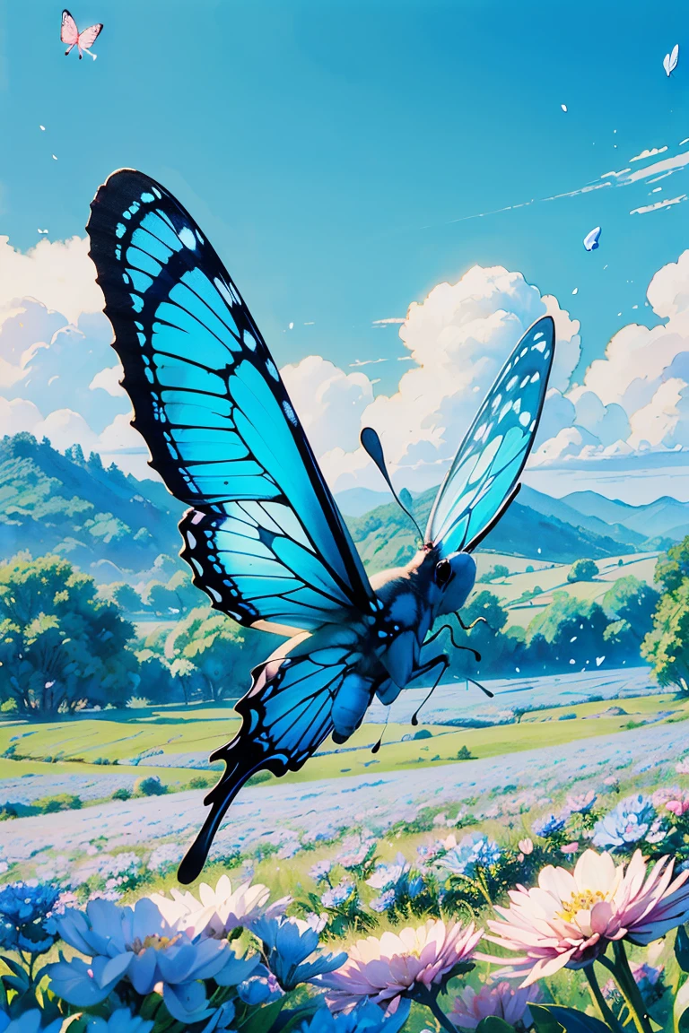 (butterfly:1.5),(butterfly theme:1.5), (ink and watercolor painting:1.5), (Tasteful:1.5), (ink and watercolor painting:1.5), (full color:1.5), 8k, 4k, (landscapes:1.5),(spring:1.5),(blue flower field:1.5), (blue theme:1.5), (blue btterfly:1.5), (blue sky:1.5), (blue field:1.5),(lots of flying blue_butterflies:1.5),(lots of playing blue_butterflies:1.5),(flying blue flower petals:1.5),(absurderes:1.5),(fantastic:1.5),(best quality:1.5),(masterpiece:1.5),