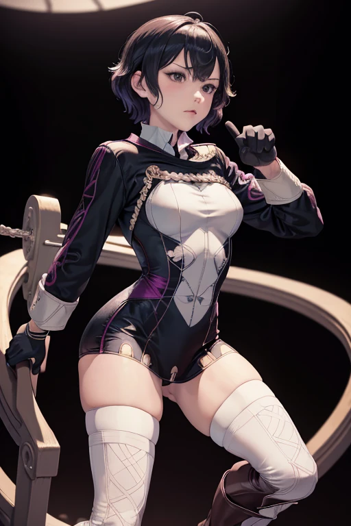 masterpiece, best quality, feMorgan, short dress, black gloves, white thighhighs, brown boots, standing, furrowed brow, raised arm, ((Tight leotard)), ((sexy pose)), ((Wrestling ring)), FEH, whole body, black background, simple background