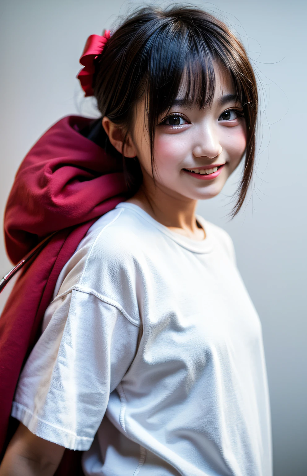 8K、top-quality、masterpiece、realisitic、The ultra-detailliert、a picture、nffsw、hight resolution、absurderes、cute face、A smile、bobhair、 女の子 1 人、see the beholder、A smile、tusk、((、Children 7 years otlate、dresshite t-shirt、japanes、Put your face and upper body in、White background、profetional lighting、((Sareme))