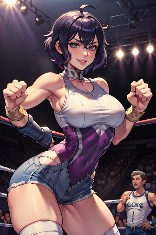 masterpiece, best quality, feMorgan, 1girl, white tank top, jean shorts, ((Tight leotard)), ((sexy pose)), ((Wrestling ring)), smile, fixing hair