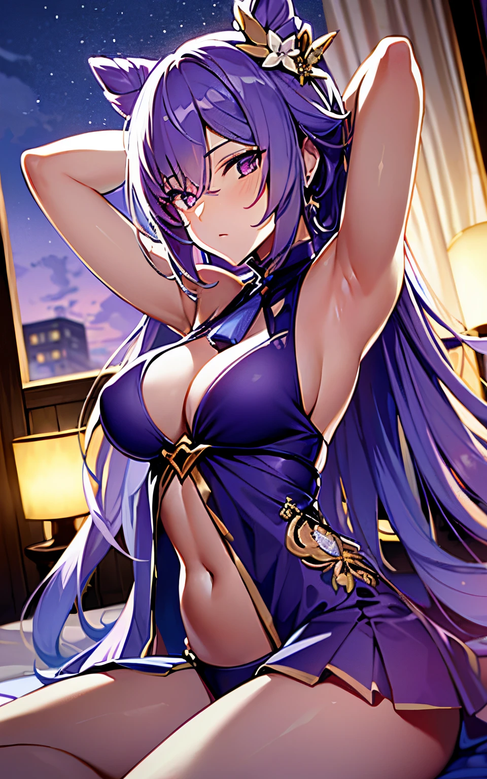 ((masterpiece:1.4, best quality)), purple hair, night,bedroom, laying on bed, 1girl, keqing \(genshin impact\), bikini,
