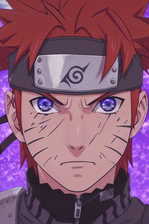 anime character with red hair and blue eyes in front of a blue sky, pain from naruto, from naruto, akatsuki akira, joker looks like naruto, joker as naruto, fully red eyes no pupils, naruto artstyle, kakashi hatake, perfect anime face, in a anime masterpiece, naruto, naruto uzumaki, as an anime character, shinobi