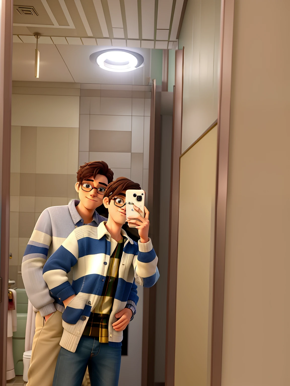 there a man and woman taking a selfie in a bathroom mirror, in love selfie, very very low quality picture, lovely couple, mirror selfie, very accurate photo, couple pose, full body photogenic shot, 8k selfie photograph, at a mall, in a mall, profile pic, growth of a couple, leaked image, with nerdy! glasses! and goatee