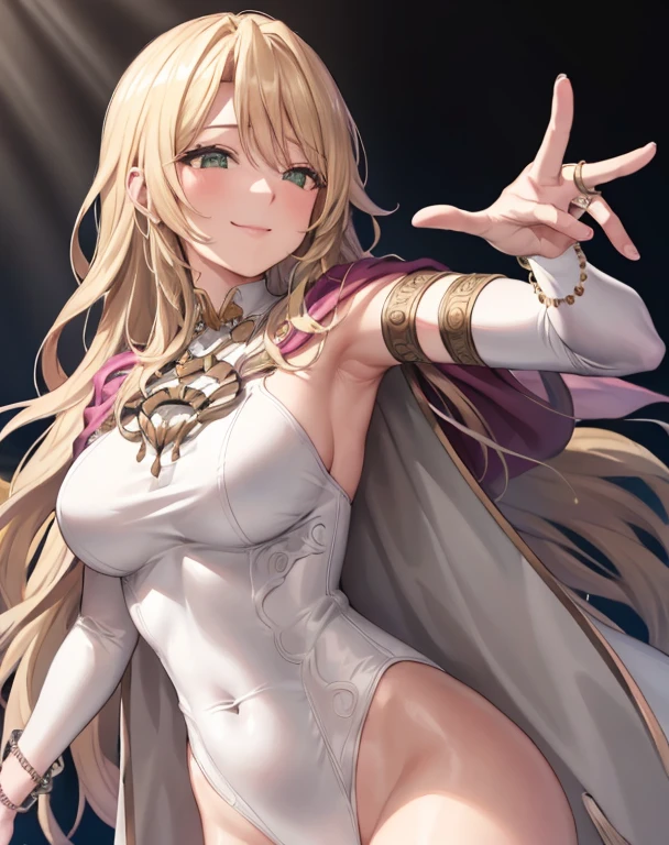 upper body, fe_elimine,(wavy hairs,eductive smile:1.2),half-closed_eyes, dress,gloves, white dress, elbow gloves, single glove,long dress, looking at viewer, cape, jewelry,medium breasts, closed mouth, breasts, white gloves,armlet, bracelet, circlet, gold trim,((Tight leotard)), ((sexy pose)), ((Wrestling ring)),(masterpiece, best quality, ultra-detailed, best shadow)
