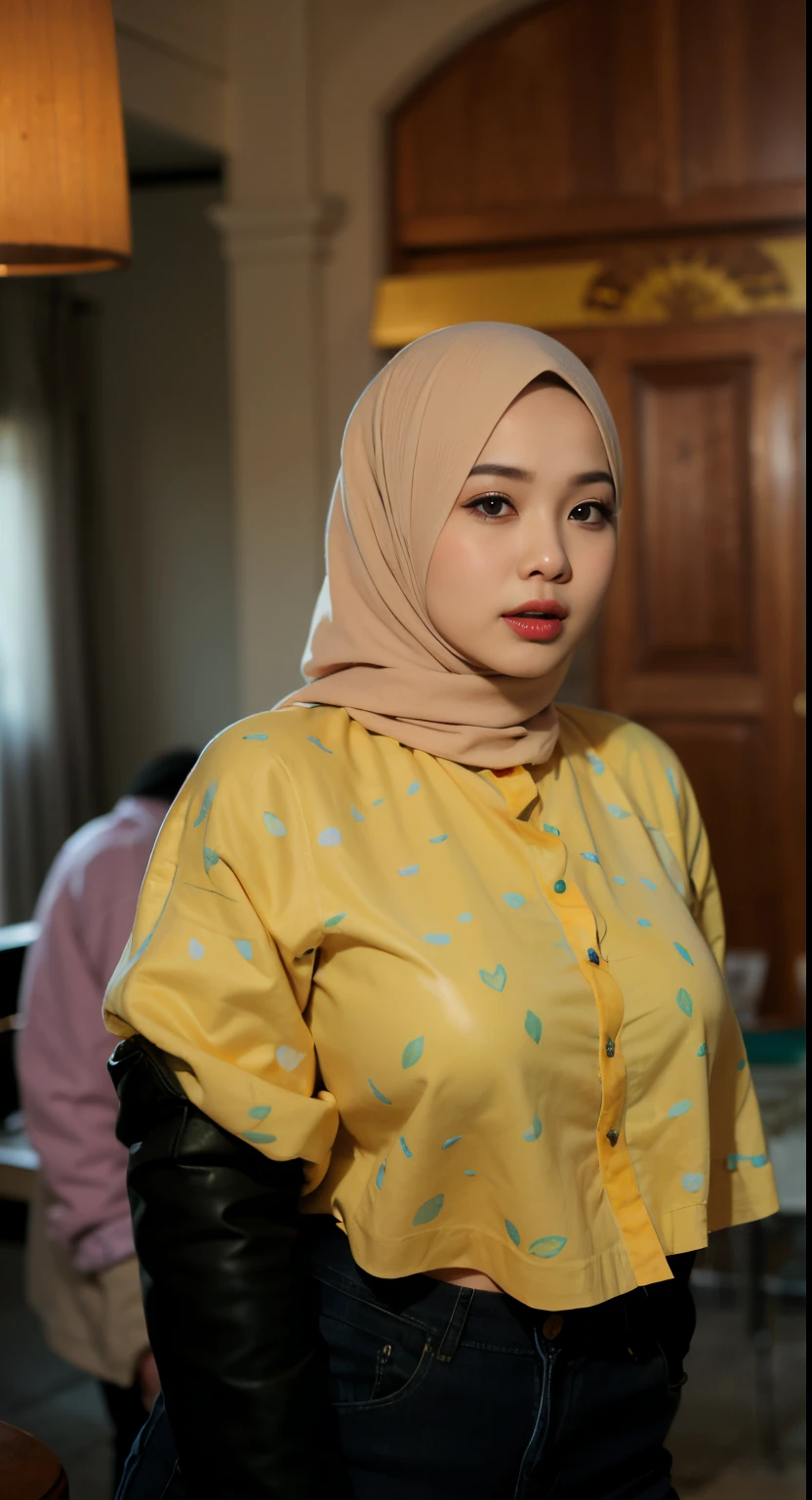 (((MALAY HIJAB GIRL))), (realistic, photo-realistic:1.4), (1girl), big breast, wearing light blue lace bra and panties, hand on hips, ((HEAVY NIPPLES)), (( TRANSPARENT )).