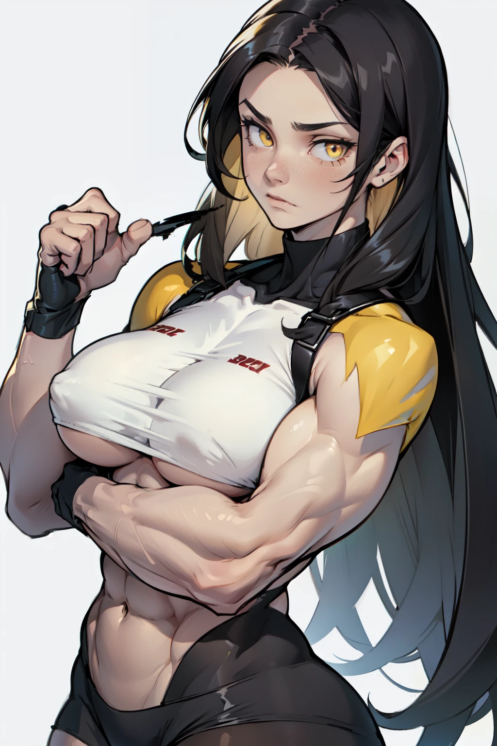 ((((muscular 1girl)))) ((((thick toned body breasts)))) (pale skin) black hair yellow eyes very long hair expressionless expressionless