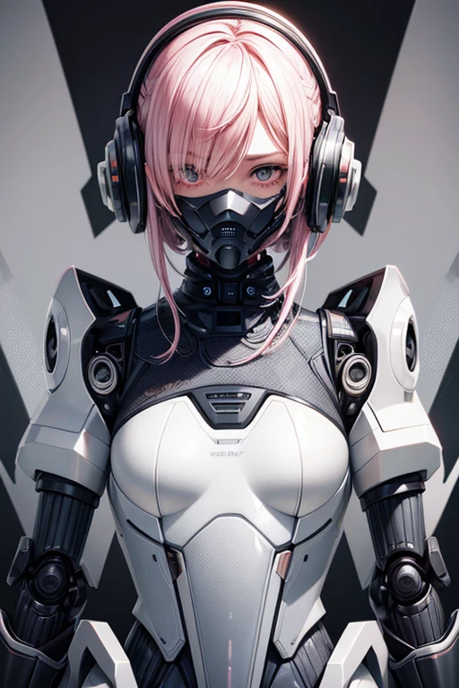 Girl, dark color matching, grey futuristic denim fabric top, pearl legs, white auxiliary robotic arm, pink hair, black and white Mechanical helmet, metal-coated mechanical texture, Exoskeleton Mech, unopened sci-fi style illustration art, black and white Mechanical Background, Mechanical Gloss, Wreck, Perfect facial Detail, Best Quality, Official Art, 8k wallpaper, High Detail, Illustrations, Detailed eyes, luminous decoration, Best quality, Official art, 8k wallpaper, High detail, illustrations, Detailed eyes
