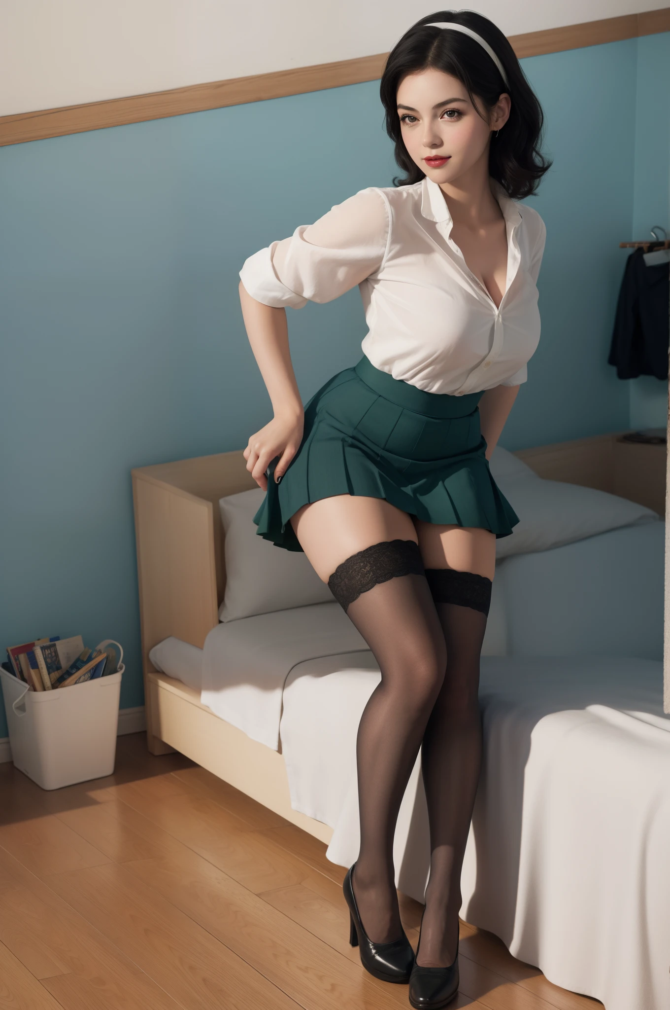 Mujer con falda verde y medias posando frente a una pizarra., Colegiala hiperrealista, Colegiala realista, Una colegiala hiperrealista, muslos y falda, Arte Pinup, completamente vestido. Pintura de sexy, photorealistic illustration, Arte de la giganta, Pinup, deviantart artstation cgscosiety, inspirado por Gil Elvgren, Colegiala