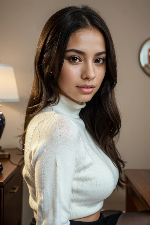 beautiful woman looking like Anitta (best quality,4k,highres,masterpiece:1.2),ultra-detailed,(realistic,photorealistic,photo-realistic:1.37),portrait,teenager,young woman,lovely girl,turtleneck sweater,short skirt,stockings,snow,beautiful detailed eyes,beautiful detailed lips,long eyelashes,shoulder-length hair,fair skin,innocent smile,vivid colors,soft lighting