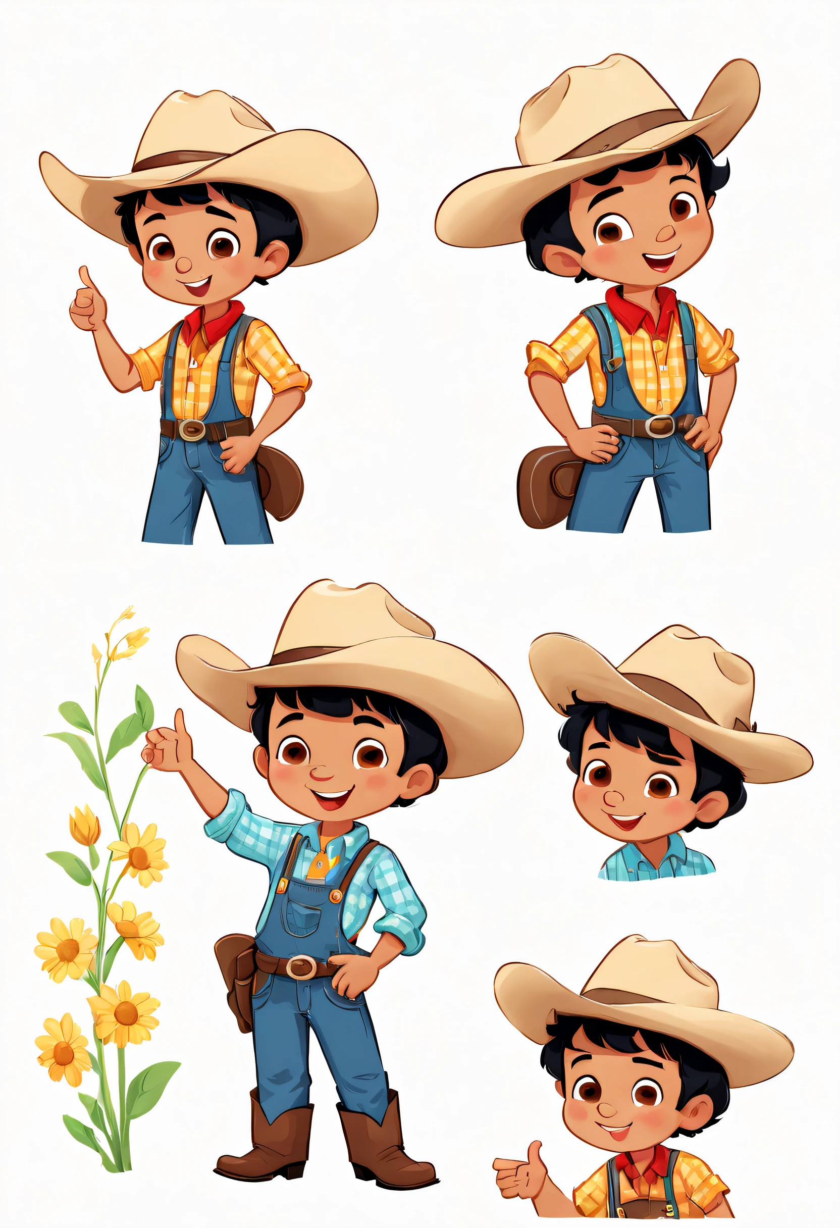agricultor, multiples poses and expressions, fundo branco, Children's book illustration style, CIMPLO, fofo, 6 anos, CORES BRIHGT, cabelo preto curto, pele clara, roupas de fazendeiro, cowboy hat, Feliz