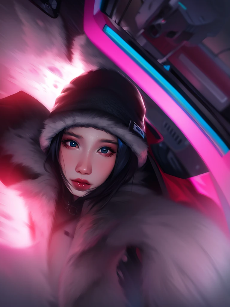 (Best quality at best, 8K, 32K, tmasterpiece, hyper HD: 1.2), photo beautiful Japanese woman, short detailed hair, The upper part of the body, sface focus, Black down jacket, Gray woolen hat,  red lips background, looking at the camera in,