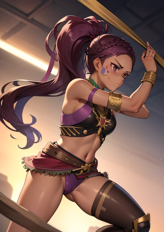 masterpiece, 4K, best quality, petra_timeskip, facial marks, long hair, tribal jewelry, brown crop top, sash, purple miniskirt, vambraces, side view, furrowed brow, serious expression, ((Tight leotard)), ((y pose)), ((Wrestling ring))