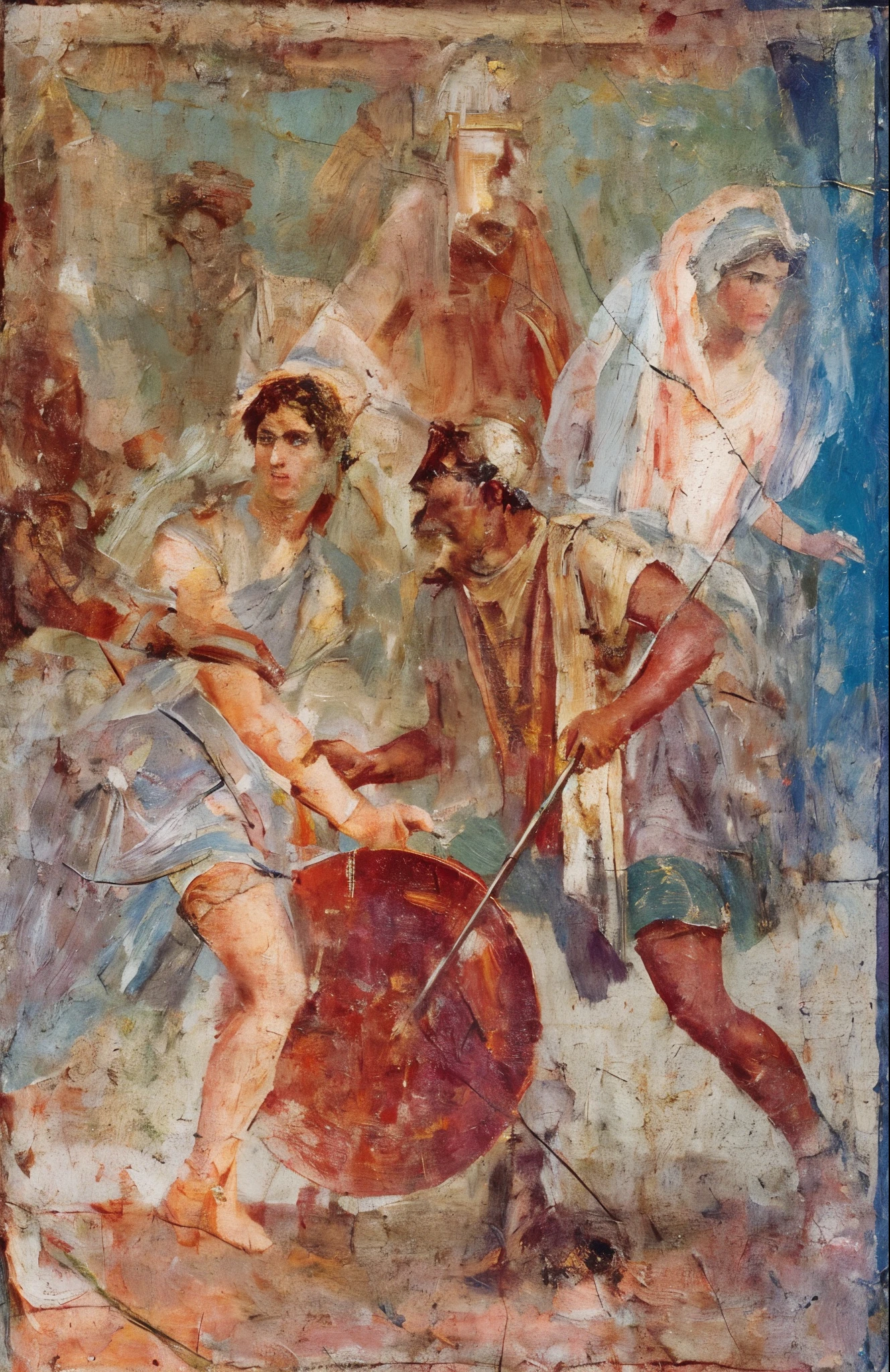 arafed painting of a man holding a shield and a woman with a sword, ancient roman painting, fresco painting, ancient greek painting, fresco, found in the ruins of pompeii, greco-roman art, neo-classical painting, historical artistic depiction, neoclassic painting, historical painting, neoclassical paintings, neoclassical painting, classical painting, hystorical painting