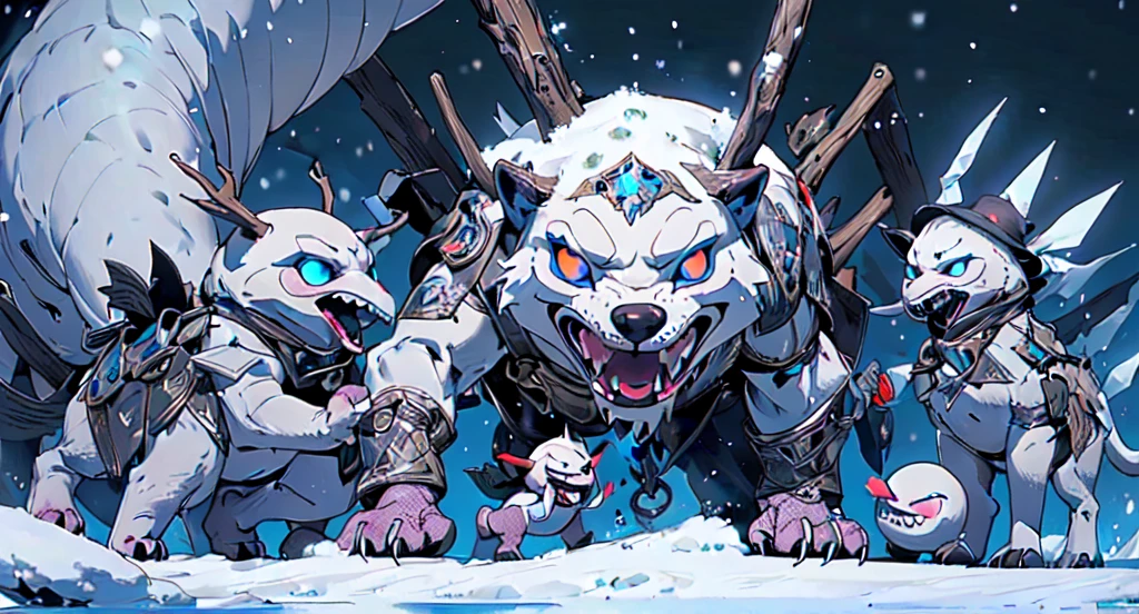 01_(Epic character).(One in the frame). (Huge block of snow). (Big - scary snowman). Horizontal composition, with some offset from the center-wide format. (A large body of snow, an awkward mass of snow, composed of three rounded snow blocks). (Living creature, in a fighting pose, decisive nature, threateningly scary). (Snowman, a fantastic fantasy image, a creature created from snow, created for battles, attacks and intimidation). (In thick snowy paws, he holds an ax, on a long handle, made of , a very powerful weapon, large - at full height). (The body of the monster consists of three blocks - a typical design of a snowman, strength and power live in it, it ready to attack). (The body covered with imitation armor, old car bumpers, headlights, license plates, hung on a snow uniform - symbolize armor, metal armor). (A frightening muzzle, in an animation style, with a cheerful grin, a snowy mouth gaping in a smile, an icicle, crazy eyes glowing with blue light, a black felt hat on the head, decorated with trinkets and amulets). (This an epic character in animated style, animated film).
02_The composition located in a horizontal frame, in the hand a powerful ax. Eliminate symmetry, the main mass of the hero not placed clearly in the center - with a slight offset, Mood, fairy tale, magic, absurdity, fighting stance, and powerful snow form.
03_ Cold range of lighting, evening, snow storm, elements, gusty wind, slanting snow whirlwinds, patterns on the background, dark blue, snowy background. Contrasting, clear lighting, warm magical light, clear cold shadows, contrasting image. , snow, snow decor, intricate patterns, and ornaments on the body. The highest image quality, a masterpiece, computer graphics. Cinematic level of performance, animated film. HD quality, wide format, 8K. , Unreal engine.
